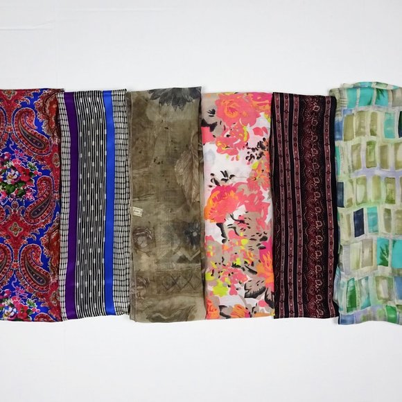 Assorted Accessories - Lot of 6 Scarf Scarves Shawls Silk Polyester Blend Paisley Floral Ponytail Art